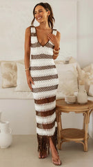 Brown Striped Knit Midi Dress
