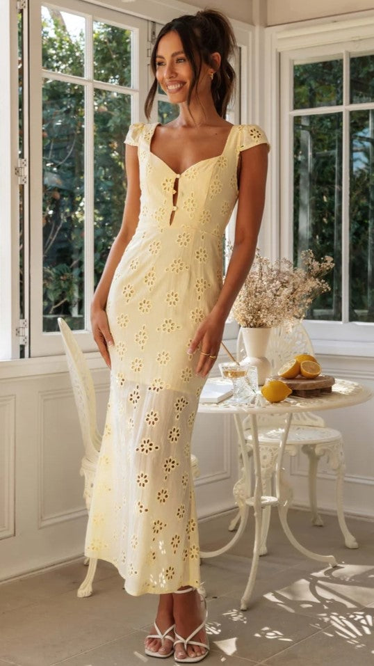 Light Yellow Crochet Lace Midi Dress