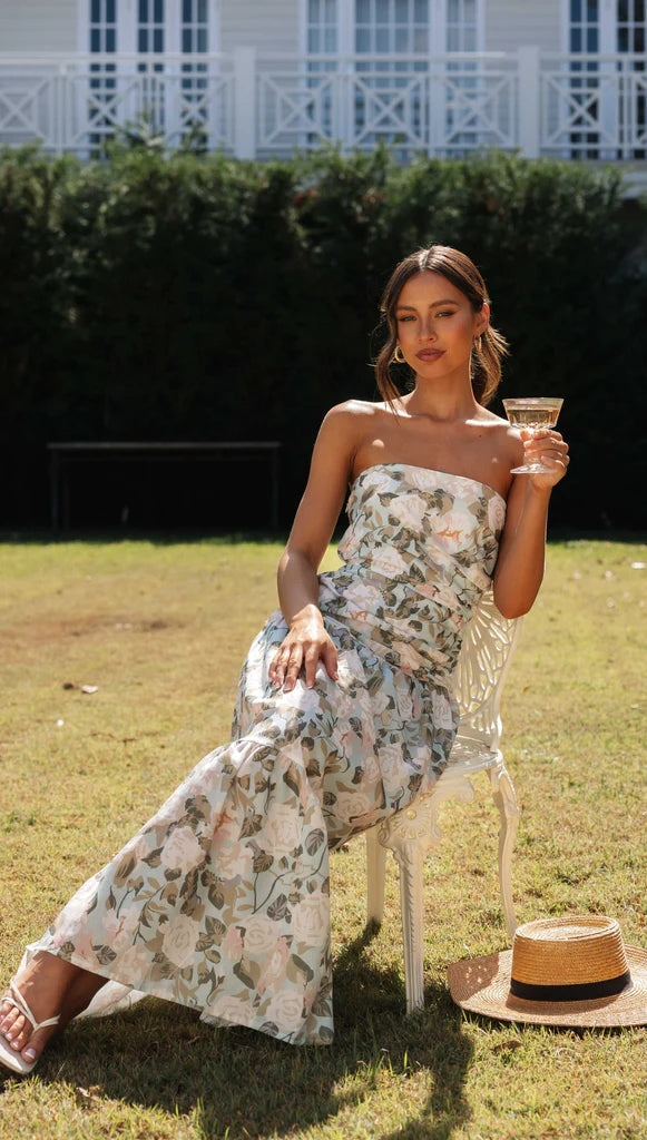 Green Floral Strapless Midi Dress