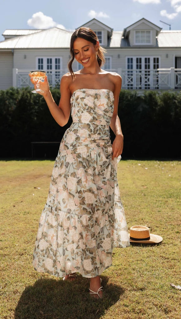 Green Floral Strapless Midi Dress