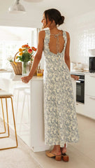 Blue Floral Sleeveless Midi Dress