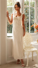 White Pleated Trim Midi Dress