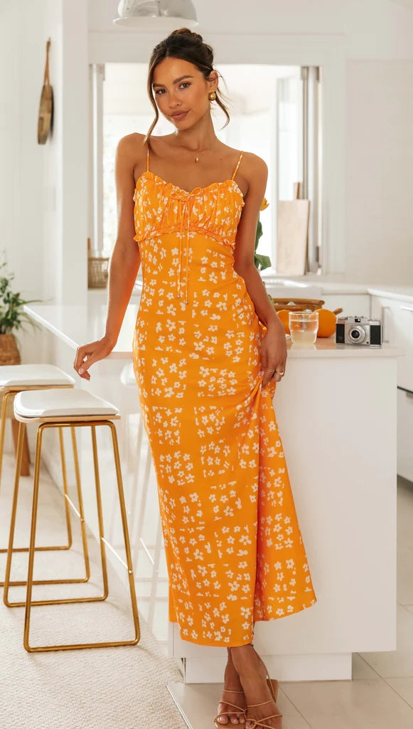 Orange Floral Slip Midi Dress