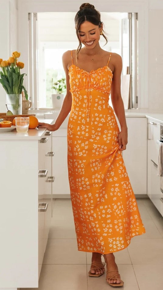 Orange Floral Slip Midi Dress