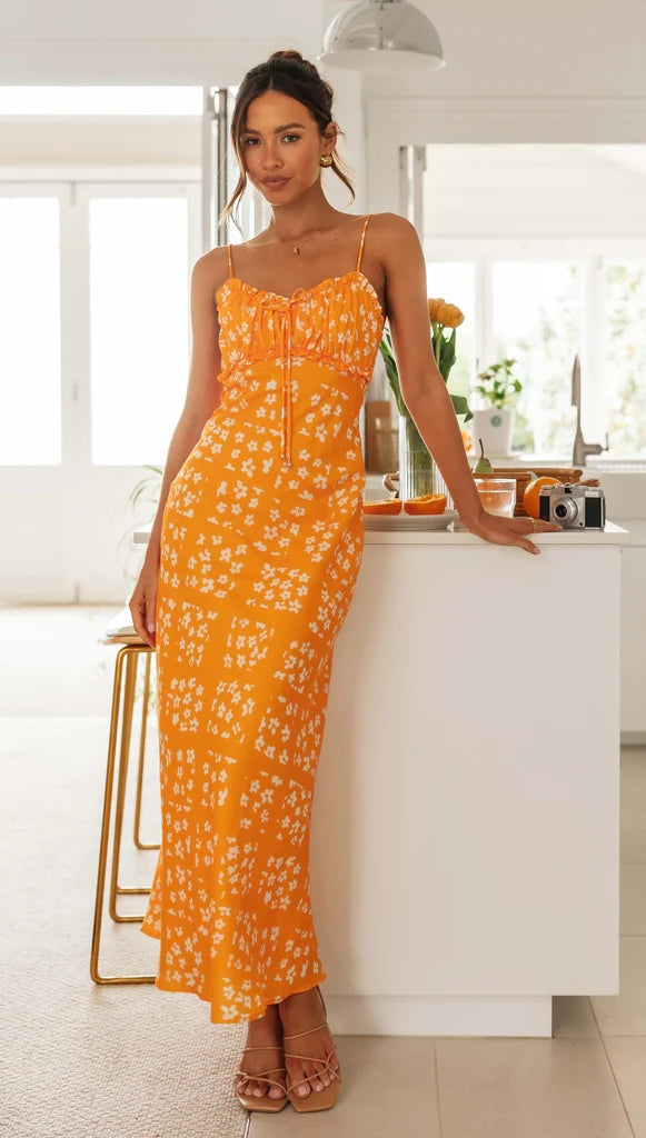 Orange Floral Slip Midi Dress