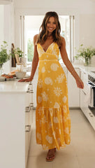Yellow Floral V Neck Midi Dress
