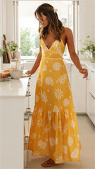 Yellow Floral V Neck Midi Dress