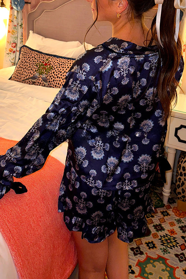 Weekend Retreat Satin Printed Velvet Bows Elastic Waist Pocket Pajama Shorts Set