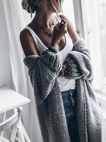 Gray Open Front Batwing Sleeve Chunky Longline Cardigan