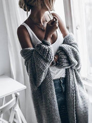 Gray Open Front Batwing Sleeve Chunky Longline Cardigan