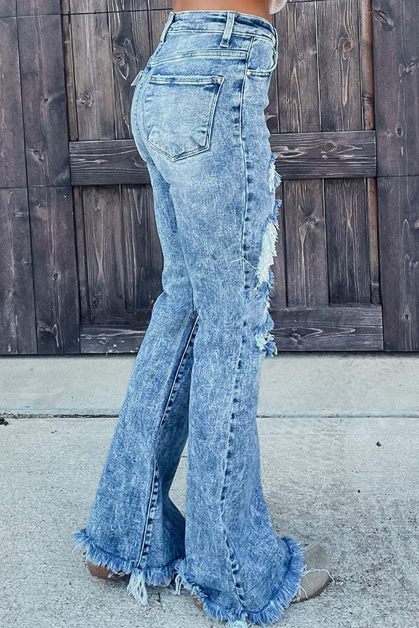 High Rise Ripped Fringed Pocket Jeans