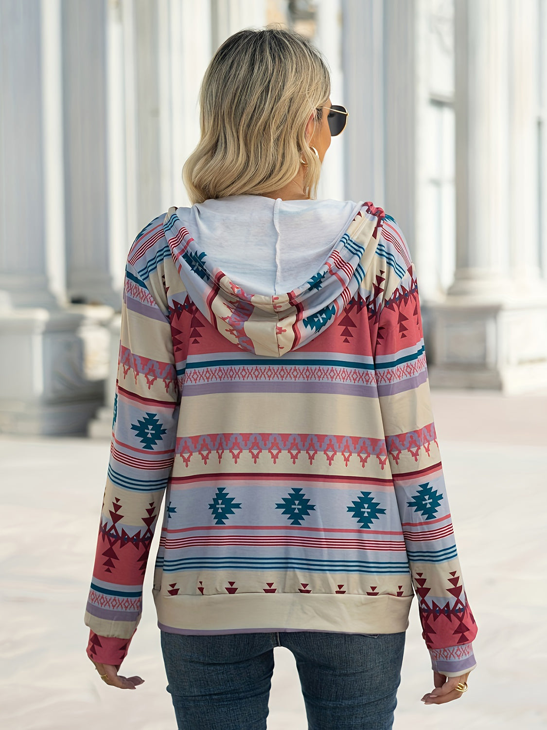 Geometrische Langarm-Kapuzenjacke mit Reißverschluss