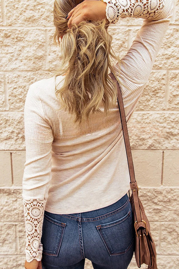 Solid Color Button Crochet Lace Long Sleeve Top