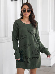 DINOSAUR JACQUARD V-NECK LONG SLEEVE SWEATER DRESS