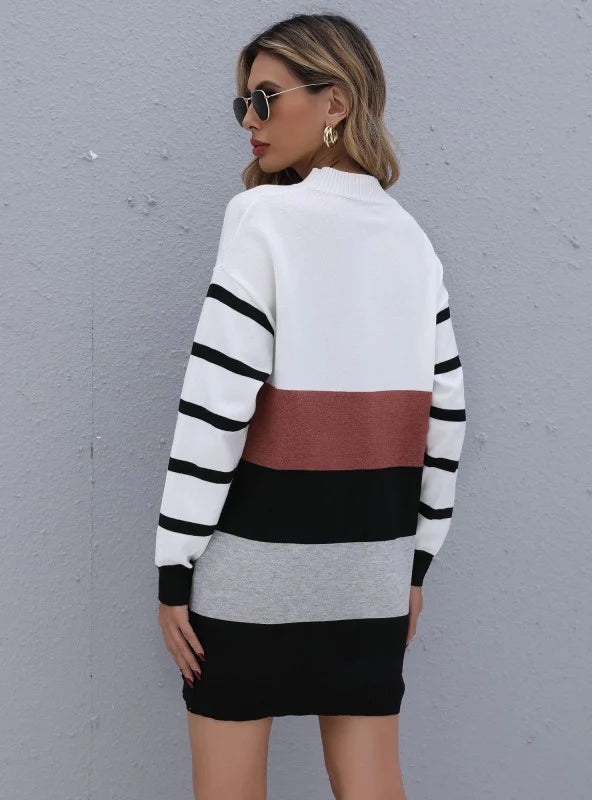 COLOR MATCHING KNITTED PULLOVER STRIPED CONTRAST SWEATER
