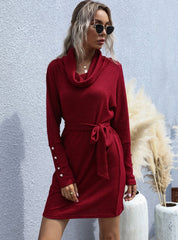 STYLISH PILE-COLLAR LONG SLEEVE SWEATER DRESS