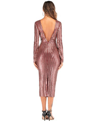 V-NECK STRIPED SEQUINED LONG-SLEEVED DRESS