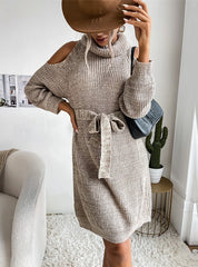 FASHION OPENWORK TURTLE NECK SWEATER DRESS