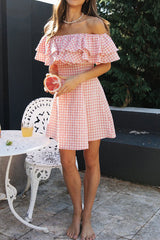 Essentially Sweet Off Shoulder Gingham Mini Dress