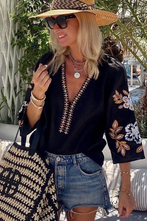 Vacation Vibe Boho Embroidery Half Sleeve Top