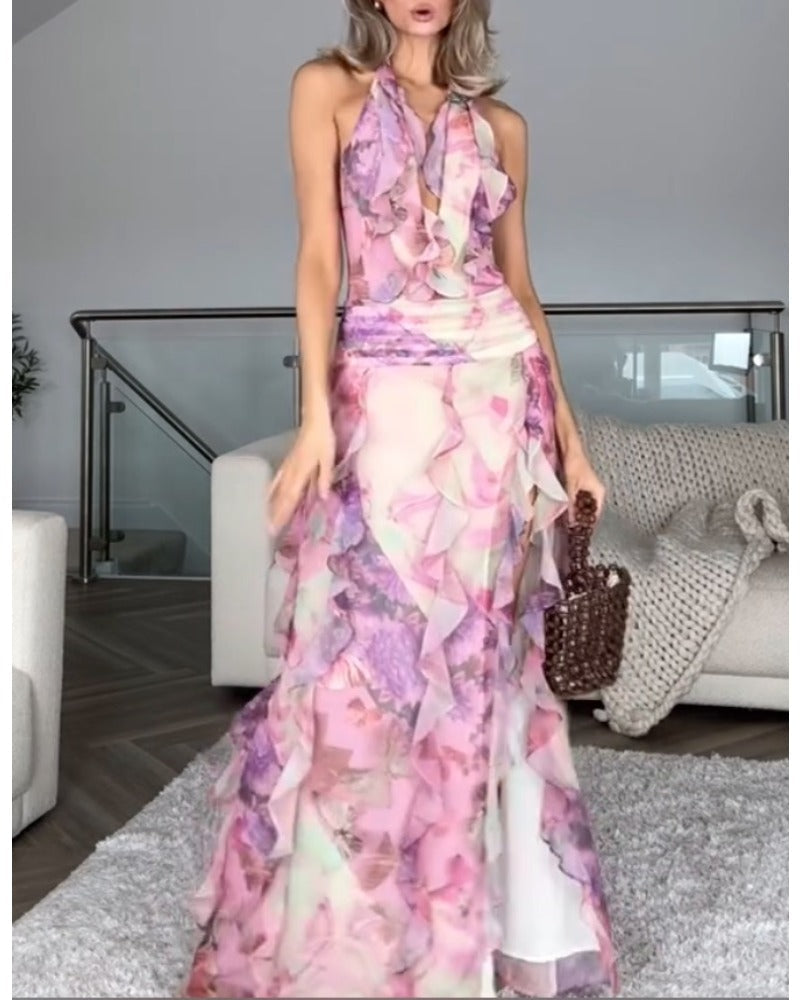 2024ss sexy slip ruffled deep V dress