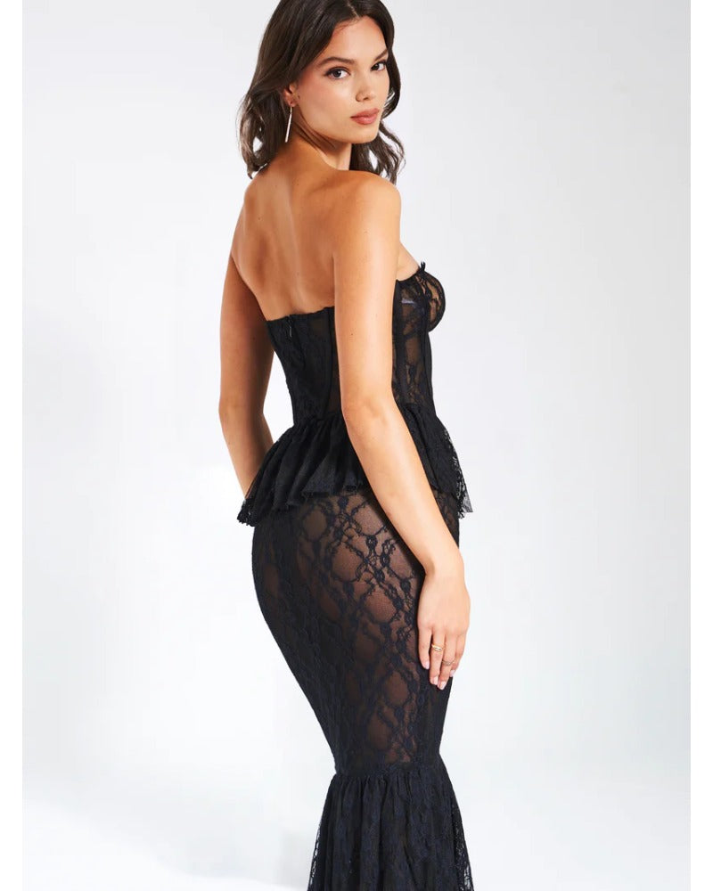 2024ss sexy strapless lace see-through dress