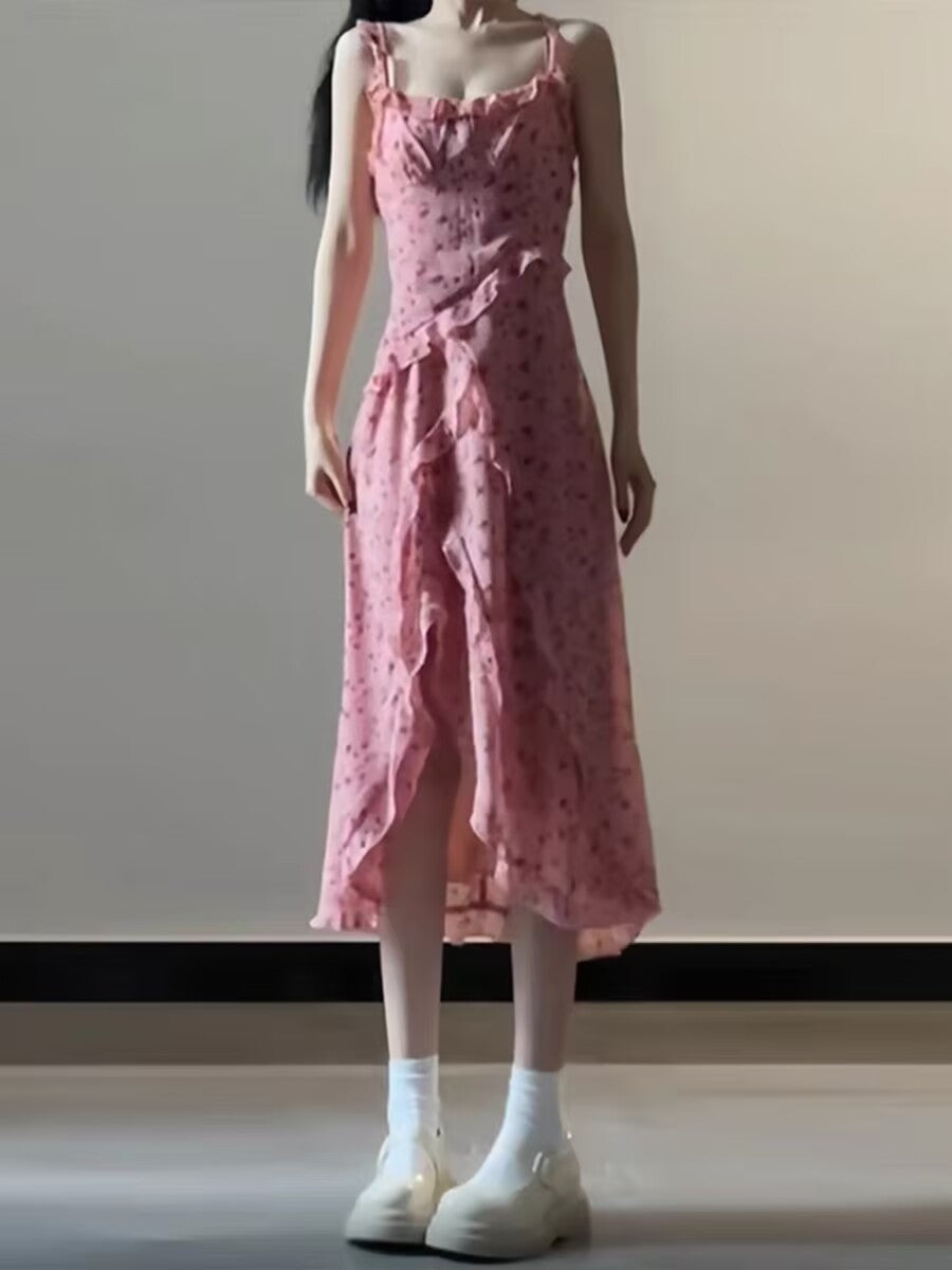Rosa, ärmelloses Midikleid mit Blumenmuster und Stufen