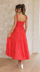 Red Shoulder Tie Tiered Midi Dress