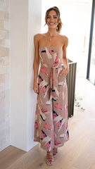Beige Printed Strapless Jumpsuit