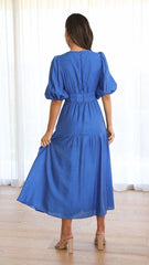 Blue Deep V Neckline Tiered Midi Dress