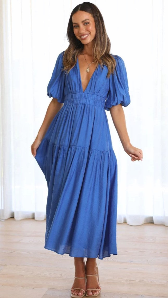 Blue Deep V Neckline Tiered Midi Dress
