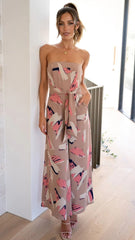 Beige Printed Strapless Jumpsuit
