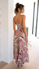 Beige Printed Strapless Jumpsuit