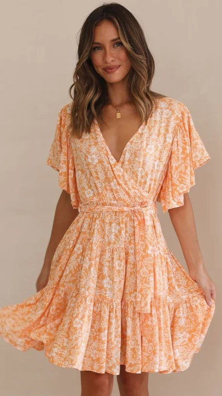 Orange Floral Surplice Mini Dress