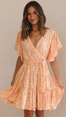 Orange Floral Surplice Mini Dress