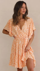 Orange Floral Surplice Mini Dress