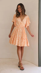 Orange Floral Surplice Mini Dress