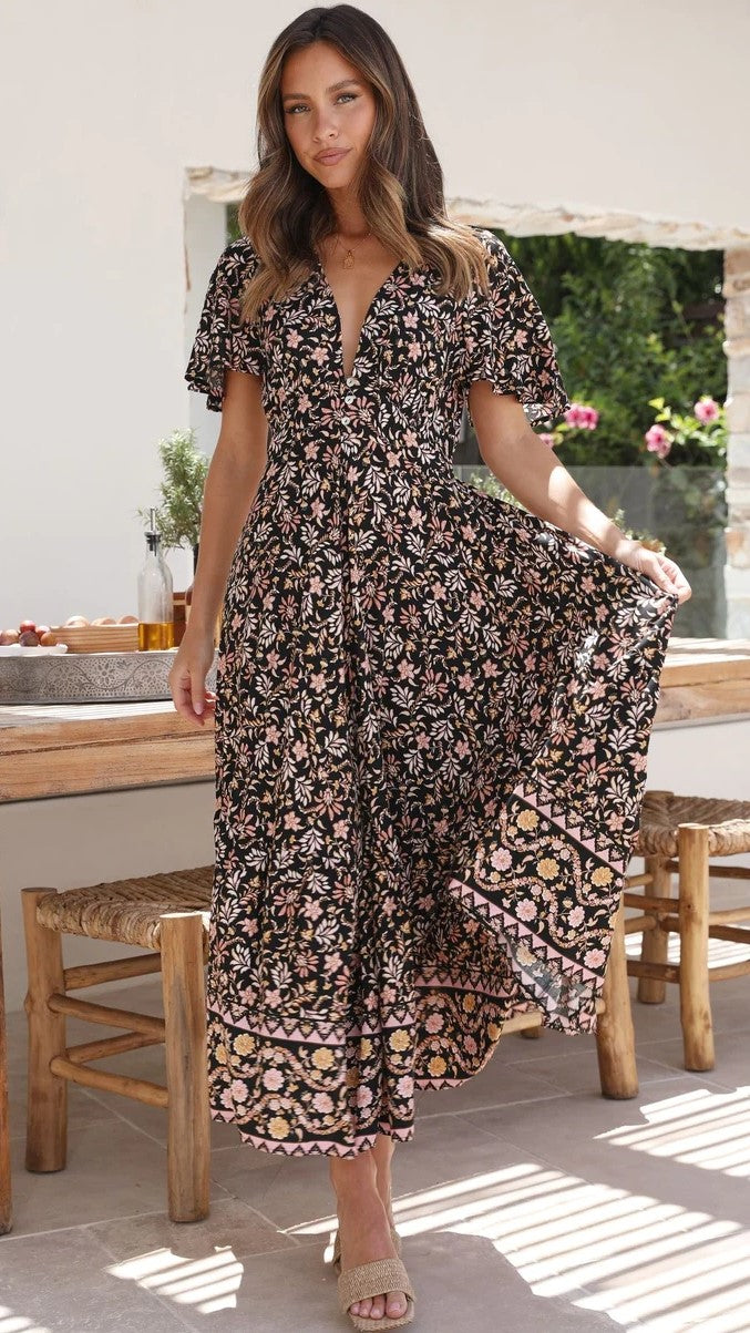Black Boho Floral Midi Dress