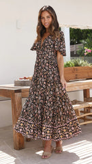 Black Boho Floral Midi Dress