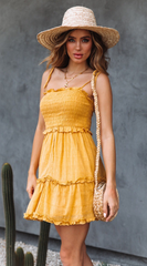 Yellow Smocked Shoulder-Tie Mini Dress