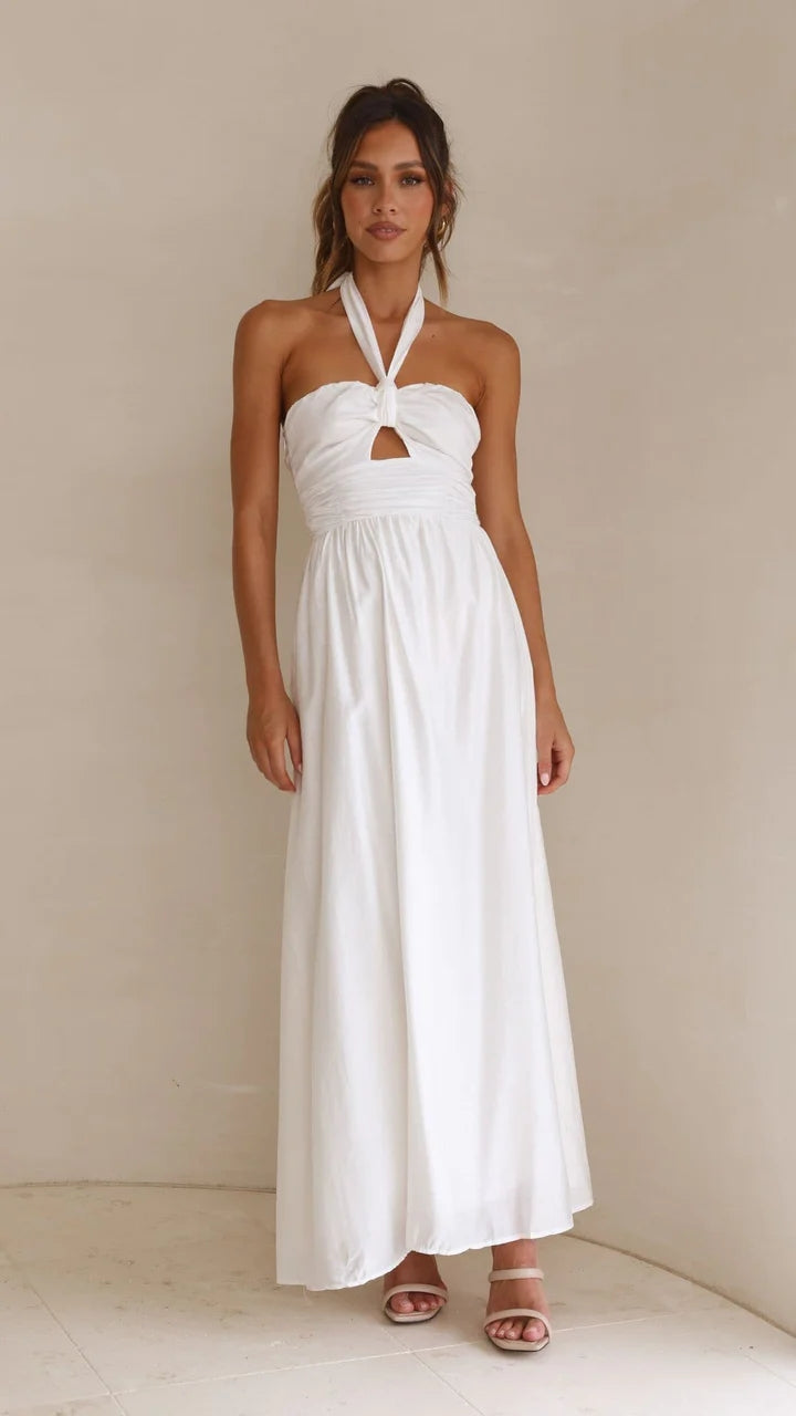 White Solid Halter Maxi Dress