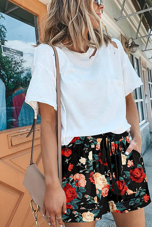 Into Bliss Printed Drawstring Elastic Waist Pocket Shorts