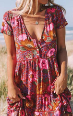 Retro Red Floral Buttoned Rayon Dress