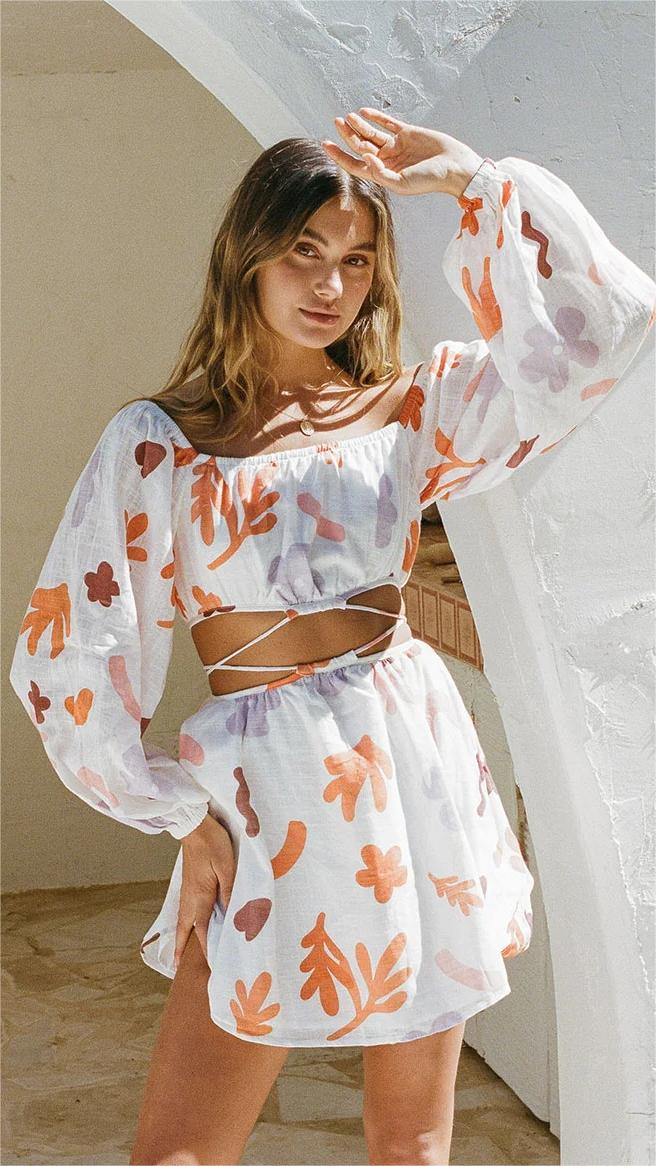 Orange Floral Long Sleeves Mini Dress