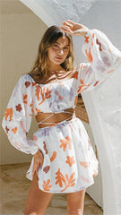 Orange Floral Long Sleeves Mini Dress