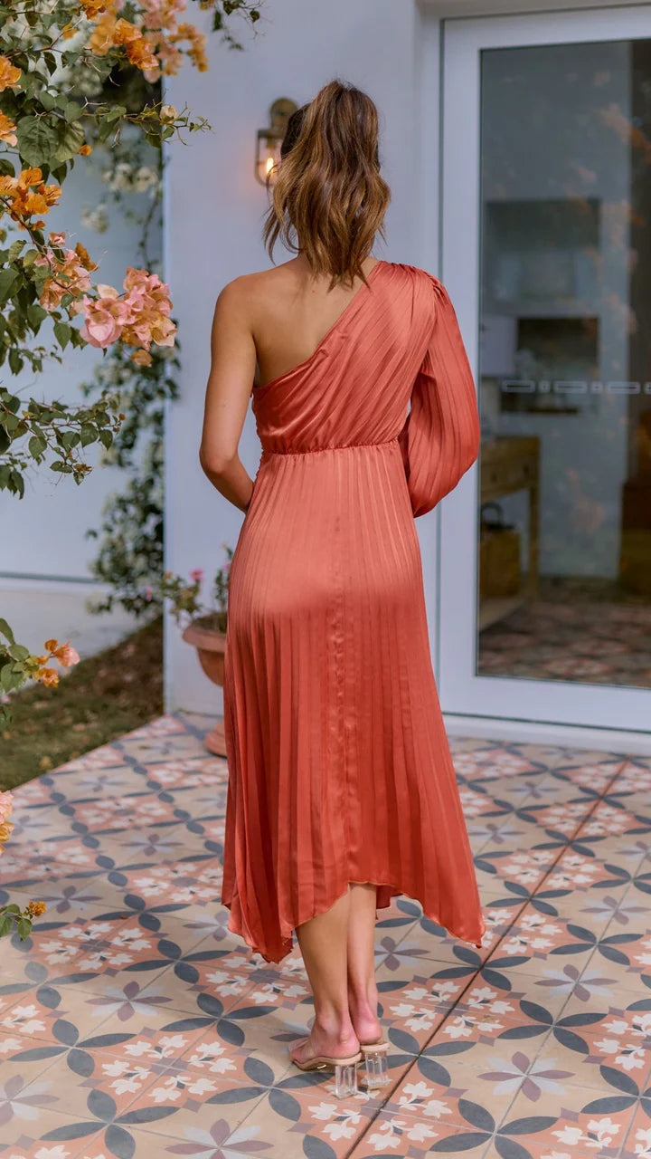 Copper Pleated Midi Dress
