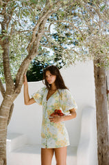 Yellow Floral Puff Sleeves Mini Dress