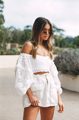 White Crochet Long Sleeves Crop Top