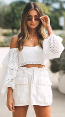 White Crochet Long Sleeves Crop Top