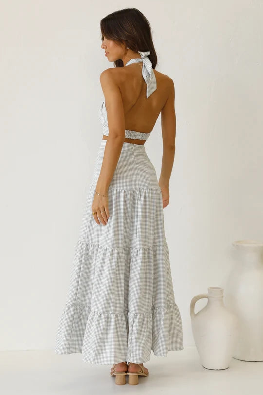 White Plaid Halter Midi Dress